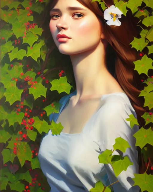 Image similar to stylized portrait of an artistic pose, composition, young lady sorrounded by nature, ivy's, flowers, one single head, realistic shaded, fine details, realistic shaded lighting poster by ilya kuvshinov, magali villeneuve, artgerm, jeremy lipkin and michael garmash and rob rey