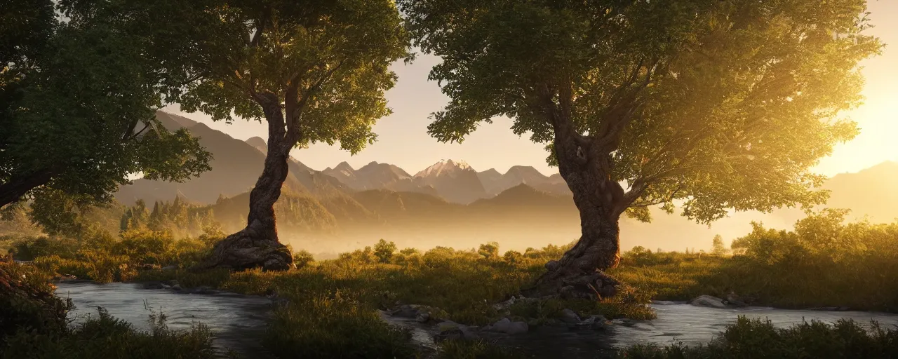 Image similar to big realistic tree near to a river on sunset with reflection on the leaves and mountains in the background, landscape, extremely high fidelity, 8 k, super resolution, concept art, cinematic view, super resolution, unreal engine 5, perspective 3 d octane render, 8 k, light rays, lens flare, epic, hyperdetailed