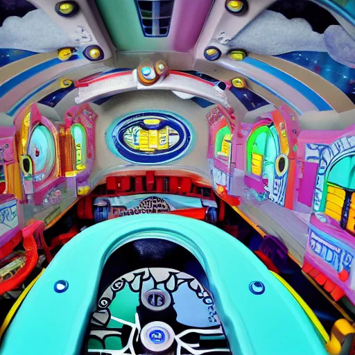 Prompt: the interior of a clockpunk fisher price space ship