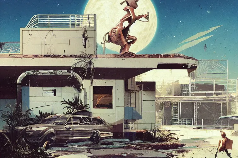 Image similar to broken robot | abandoned motel | palm trees | snowy mountains | moon in sky, painting by syd mead and weta studio and moebius and james jean and frank frazetta, highly detailed, rule of third, soft lighting, architectural magazine, beautiful detailed, insanely intricate details, artstation trending, hypermaximalistic, high details, cinematic