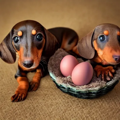 Image similar to baby dachshunds hatching from eggs : : nature photography : : highly detailed