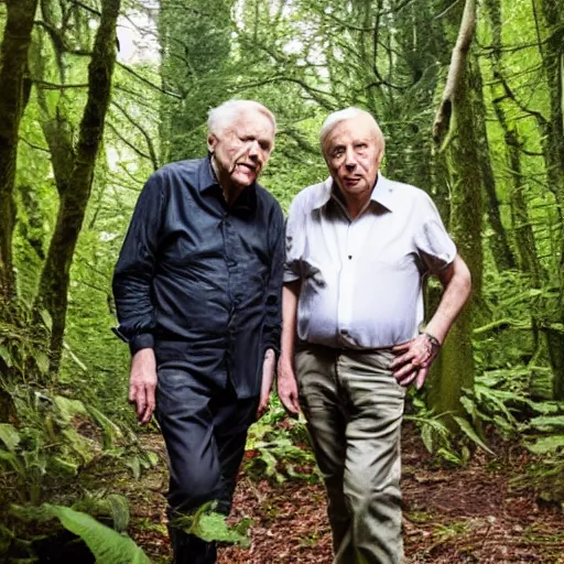 Prompt: Sir David Attenborough in the woods with a Grey Alien Martian