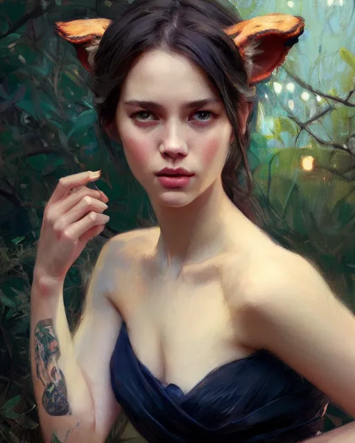 Prompt: a potrait of a girl with small tiger ears, fine details. night setting. realistic shaded lighting poster by craig mullism, artgerm, jeremy lipkin and michael garmash, unreal engine, radiant light, detailed and intricate environment, digital art, trending on art station