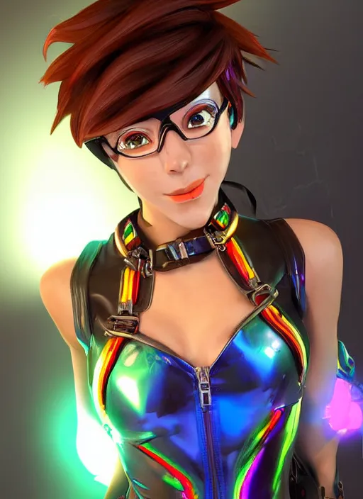 Image similar to portrait bust digital artwork of tracer overwatch, wearing iridescent rainbow latex and leather straps catsuit outfit, makeup, in style of mark arian, angel wings, wearing detailed leather collar, chains, black leather harness, detailed face and eyes,