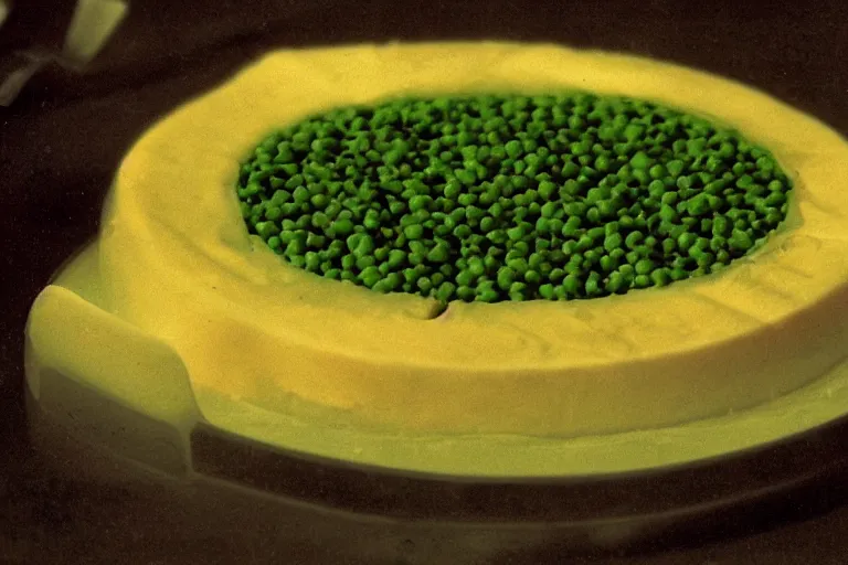 Image similar to peas and cheese aspic, in cyberspace, in 1 9 9 5, y 2 k cybercore, industrial low - light photography, still from a ridley scott movie