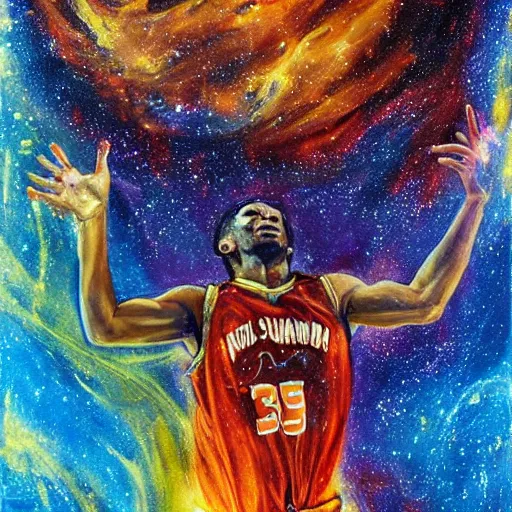 Image similar to an expressive oil painting of a basketball player dunking, depicted as an explosion of a nebula