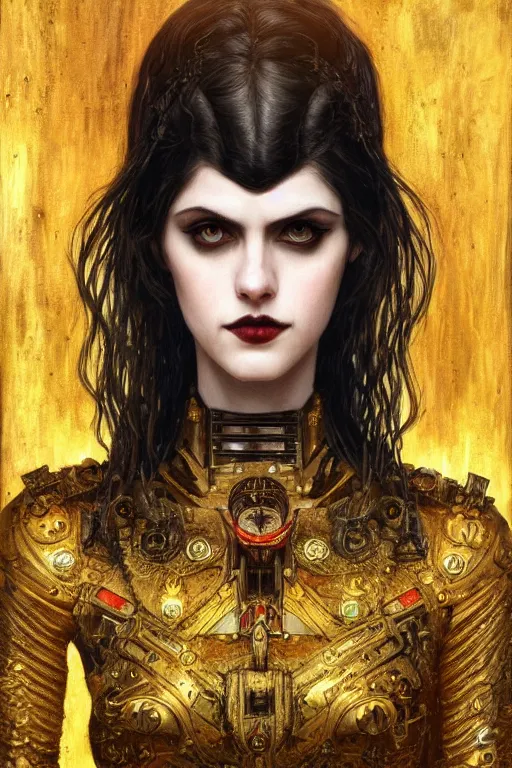 Image similar to portrait of beautiful gothic Alexandra Daddario, cyberpunk, Warhammer, highly detailed, artstation, illustration, art by Gustav Klimt