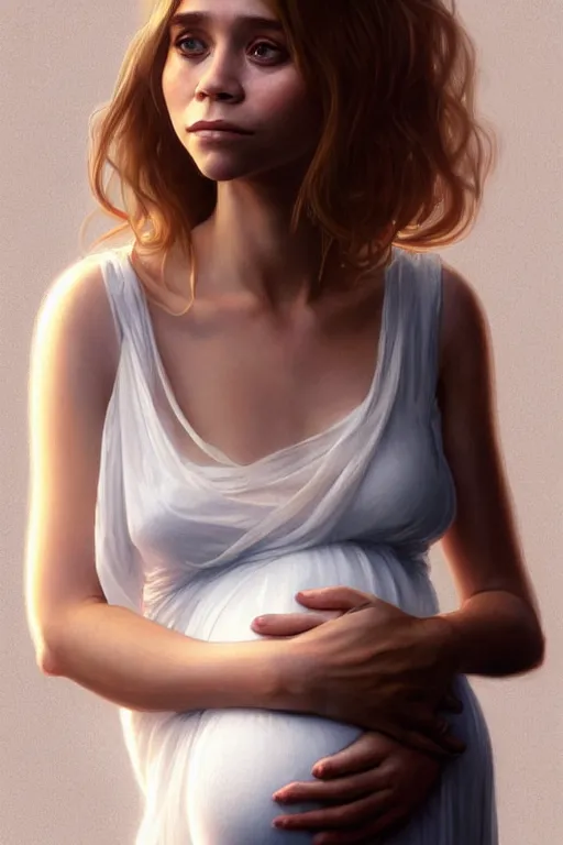 Image similar to pregnant ashley olsen in a thin white dress, realistic portrait, symmetrical, highly detailed, digital painting, artstation, concept art, smooth, sharp focus, illustration, cinematic lighting, art by artgerm and greg rutkowski and alphonse mucha