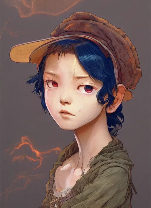 Image similar to prompt : portrait soft light painted by james jean and katsuhiro otomo and erik jones, inspired by akira anime, epic fantasy, a young dark skinned girl with short hair dressed as a boy in plain peasant clothing and a newsboy cap, intricate oil painting, high detail illustration, sharp high detail