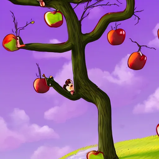 Prompt: streatchy dude trying to reach an apple on a very high tree, digital art, 8K