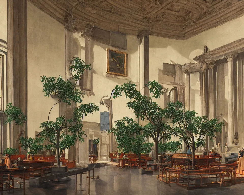 Prompt: an achingly beautiful print of the interior of an art museum teeming with epic paintings, classical antiquities, and potted plants by Raphael, Hopper, and Rene Magritte. detailed, romantic, enchanting, trending on artstation.
