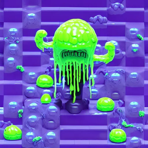 Image similar to slime lord king of the slime universe, skeleton, full body included, wide shot, 1 4 mm lens, f 2. 8, goopy, goop, fluids, soft tissue, subsurface scattering, reflections, ambient occlusion, raytracing, unreal engine 5, pixel art 8 - bit, by beeple