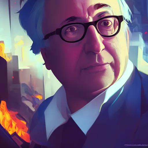 Prompt: closeup portrait of Ray Bradbury as Guy Montag, books burning in the background, ambient lighting, 4k, anime key visual, lois van baarle, ilya kuvshinov, rossdraws, artstation