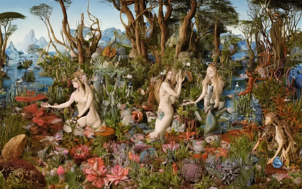 Prompt: a portrait photograph of a meditating mermaid shaman and a centaur monk feeding succulents at a wide river delta. surrounded by bulbous flowers, animals and trees. mountain range under a vast blue sky of burning stars. painted by jan van eyck, max ernst, ernst haeckel and artgerm, cgsociety, artstation, fashion editorial