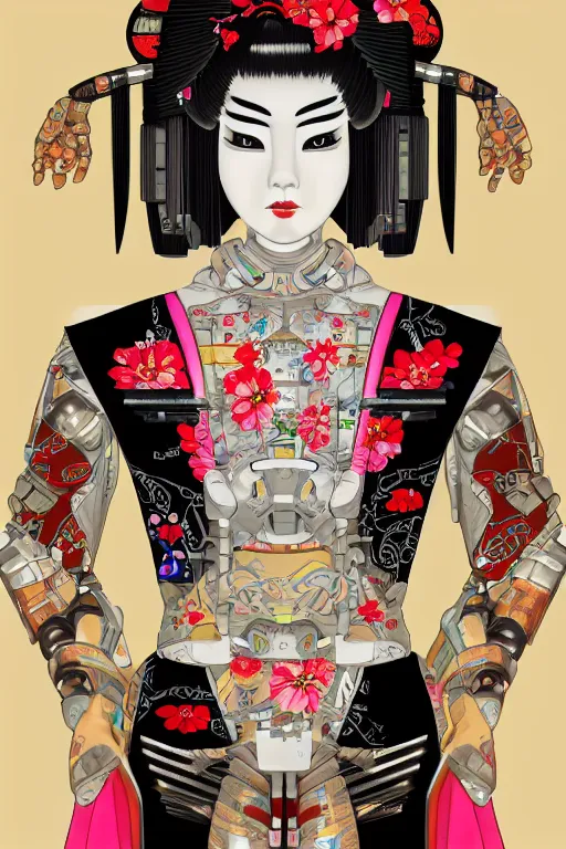 Image similar to full body portrait of a Japanese robot geisha with kanji tattoos and decals wearing a digital pixelated kimono, intricate design, photorealistic, ultra fine detailed, character design, trending on artstation