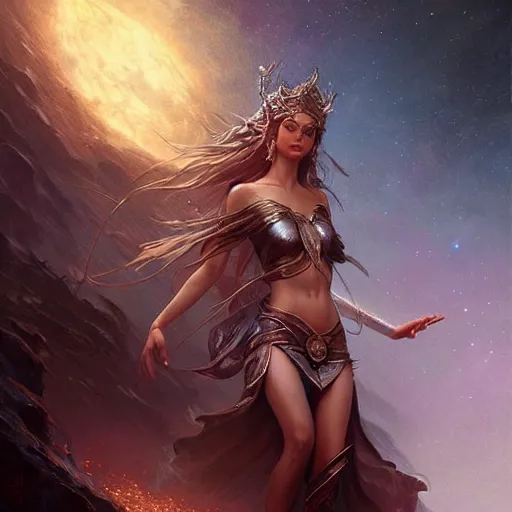 Image similar to star goddess, fine art, awesome fantasy book cover on pinterest, award winning, dark fantasy landscape, fantasy magic, intricate, elegant, sharp focus, cinematic lighting, highly detailed, digital painting, concept art, art by wlop and artgerm and greg rutkowski, masterpiece, trending on artstation, 8 k