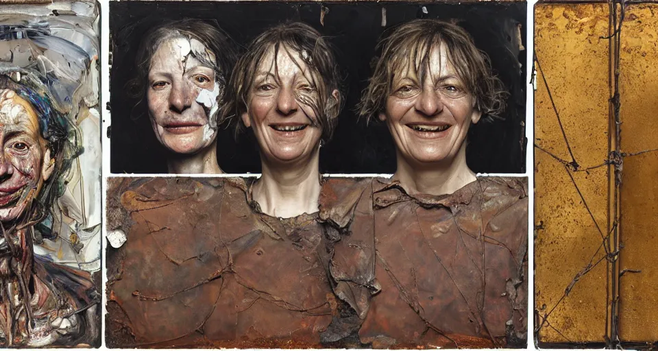 Prompt: a triptych of close up portraits of a very ordinary middle-aged woman with a smiling expression, Anselm Kiefer and Lucian Freud and Jenny Saville, tintype, oil painting, rust, Scaffolding, rusted metal and sunflowers, iron cladding, decay, mixed media, textured, anatomically correct, beautiful perfect face, visible brushstrokes, sharp focus, twisted electrical wire, Highly Detailed, nails, photographic emulsion cracked and peeling, Cinematic Lighting, 8k, HD