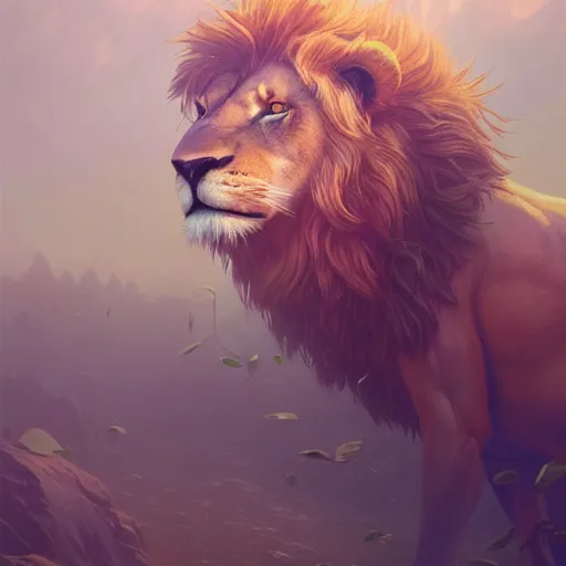 Image similar to highly detailed surreal vfx portrait of a lion stephen bliss, unreal engine, greg rutkowski, loish, rhads, beeple, makoto shinkai and lois van baarle, ilya kuvshinov, rossdraws, tom bagshaw, alphonse mucha, global illumination, detailed and intricate environment