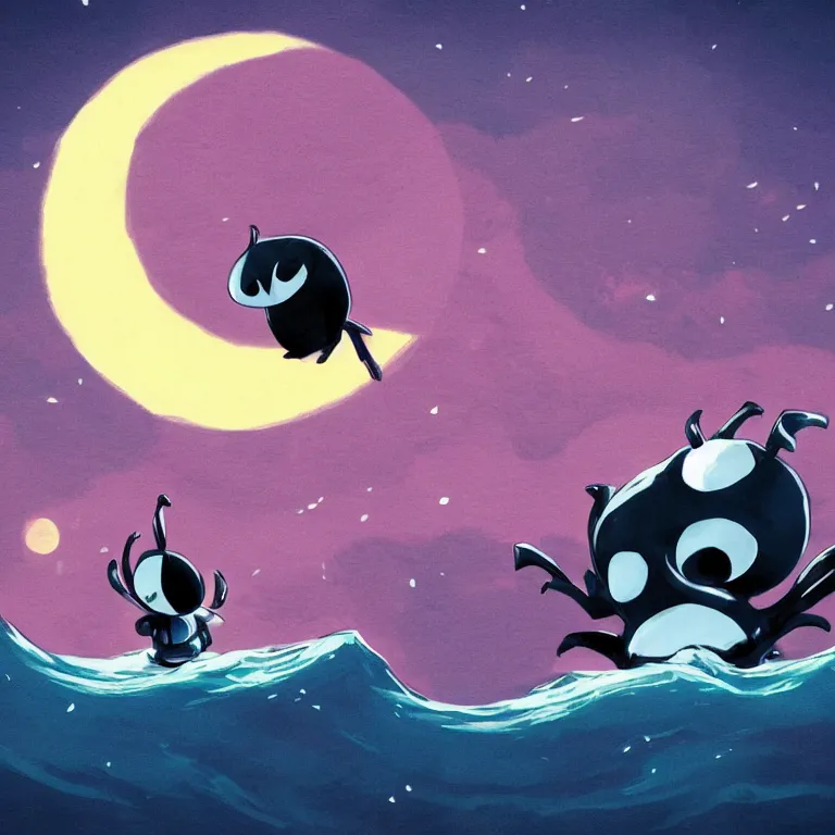 Image similar to cute creature looking at the sea with a red moon reflecting in the waves, night, low angle, in the style of Hollow Knight