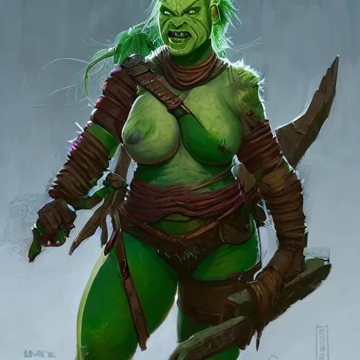 Prompt: a full bodied character portrait of a green orc warrior woman in full plate armor bald with a ponytail, by greg rutkowski, wlop, astri lohne, wei wang, laurie greasley, victo ngai, trending on artstation