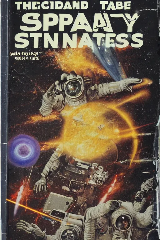 Prompt: photo of poor condition, torn, stained, vintage pulp scifi science fiction magazine cover on a table top, showing men wearing space suits shooting laser beams at a monster in an alien city, illustrated by basis gogos and arle bergey, 4 k, high definition