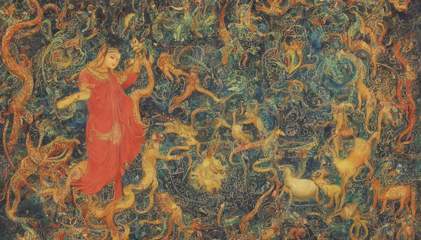 Image similar to realistic detailed photo rendered in octane 3d , human, sufi saint, or celestial rider guiding the magic. animal. such composite animal figures revealing a kaleidoscope of reptiles, mammals, birds, and amphibians could represent the internal unity of all beings through the successive, Indian Miniature Art Painting, late 80's, by Amano, Francis Bacon , Elizabeth Erickson, Kenny Schar, Robert Colescott painting, art by Takato Yamamoto. smooth shading, ultra detailed, high resolution, masterpiece. rendered in blender, deep colours, ultra realistic, cinematic, unreal 6