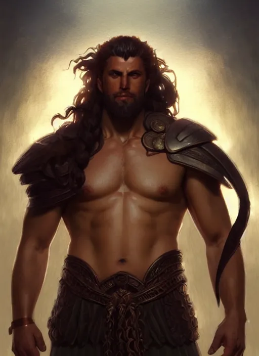 Image similar to portrait of handsome heracles from fate stay night, d & d, fantasy, intricate, elegant, highly detailed, digital painting, artstation, concept art, smooth, sharp focus, illustration, art by artgerm and greg rutkowski and alphonse mucha