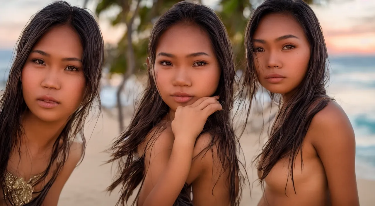 Prompt: a beautiful portrait of a beautiful Filipina girl, beautiful detailed eyes, golden hour, standing on a beach in Boracay, outdoors, professional award winning portrait photography, Zeiss 150mm f/ 2.8 Hasselblad