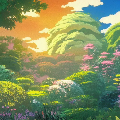 Image similar to a painting of a garden in the heavens by studio ghibli, golden hour, dreamy, misty, cool, detailed