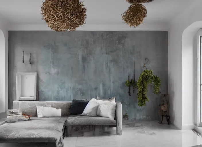 Image similar to Liminal space underwater, stucco walls, clean floors, maximalist, cosy