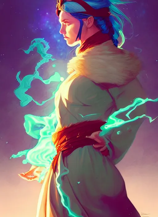 Image similar to style artgerm, joshua middleton, hilary clinton as a warrior monk wearing green pelt light amor, blue hair, swirling water cosmos, fantasy, dnd, cinematic lighting