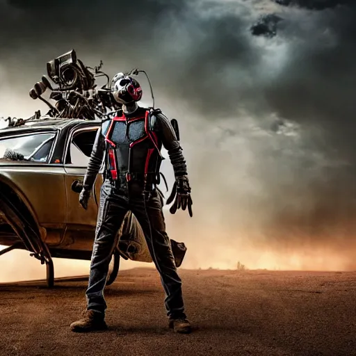 Image similar to ant man mechanic, post-apocalyptic, mad max style, Total Recall style, symmetric, by David Lazar and Annie Leibovitz 500px photos, top cinematic lighting , cinematic mood, very detailed, shot in canon 50mm f/1.2