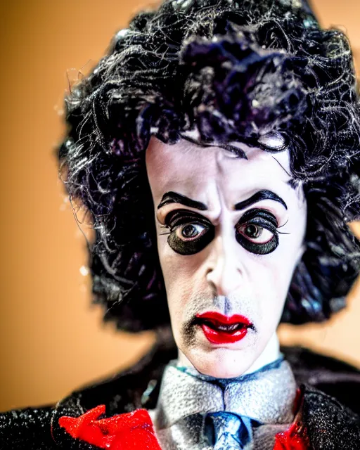 Prompt: a paper mache doll of dr. frank - n - furter, realistic, very detailed, complex, intricate, studio lighting, superres sharpening, bokeh, sigma 5 0 mm f 1. 4