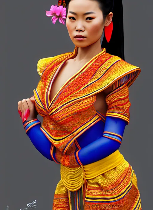 Image similar to photo of a gorgeous lao woman wearing a traditional laos dress in the style of stefan kostic, realistic, sharp focus, 8 k high definition, insanely detailed, intricate, elegant, art by stanley lau and artgerm