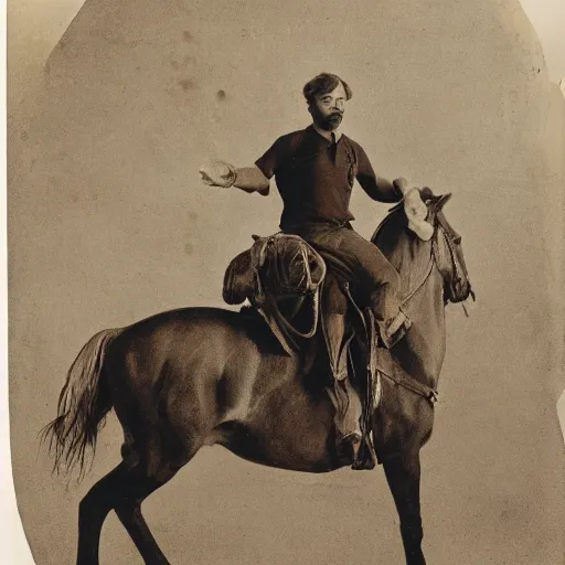 Prompt: a man sitting on a horse, he is screaming and holding both his arms up.