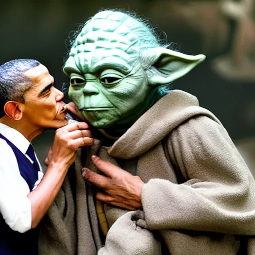 Image similar to Yoda kissing Obama