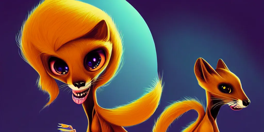 Image similar to curved perspective, extreme narrow, extreme fisheye, digital art of a female embalmed marten animal wearing jewlery with blonde hairstyle by anton fadeev from nightmare before christmas