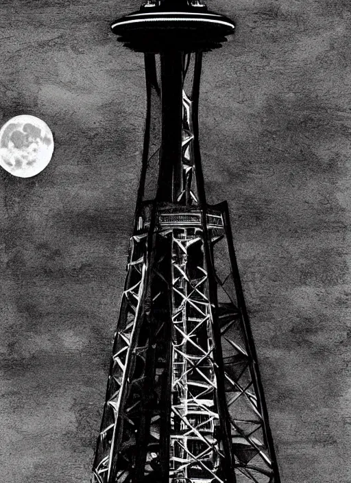 Prompt: king kong on the Seattle Space Needle at night, with moon in background, dark colors, sinister atmosphere, dramatic lighting, cinematic, establishing shot, extremely high detail, photo realistic, cinematic lighting, pen and ink, intricate line drawings, by Yoshitaka Amano, Ruan Jia, Kentaro Miura, Artgerm, post processed, concept art, artstation, matte painting, style by eddie mendoza, raphael lacoste, alex ross