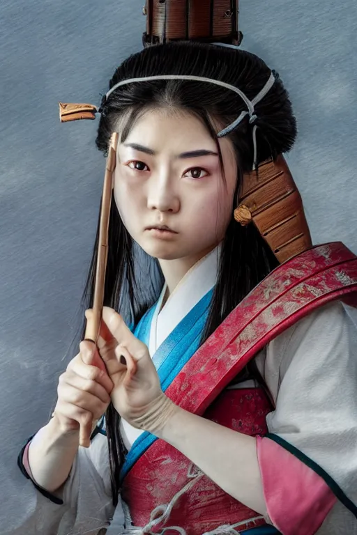 Image similar to highly detailed beautiful photo of a young female samurai, practising sword stances, symmetrical face, beautiful eyes, realistic anime art style, 8 k, award winning photo, pastels, action photography, 1 / 1 2 5 shutter speed, dramatic lighting