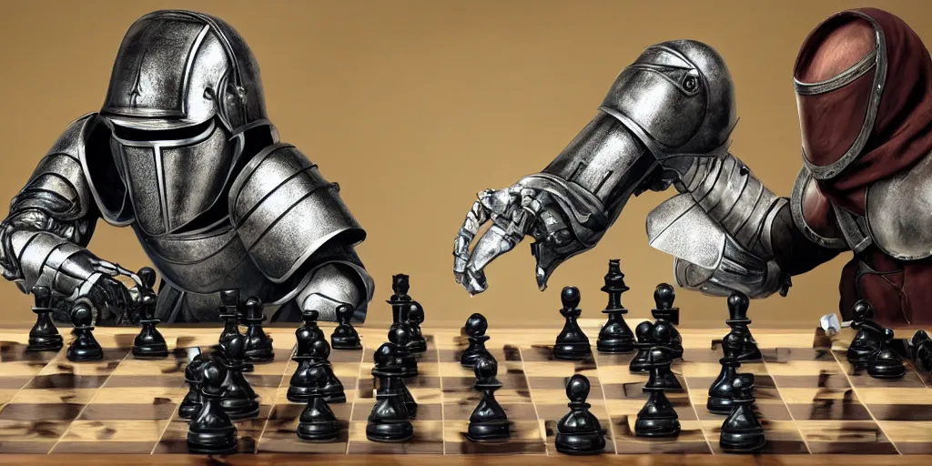 Prompt: medieval knight playing chess against futuristic cyborg