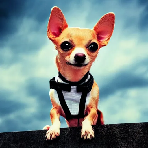 Image similar to a happy chihuahua stars as walter white in breaking bad, high quality photography, promotional shot