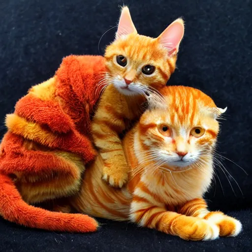 Image similar to tiny dragon snuggling orange tabby cat, orange tabby hugging tiny dragon