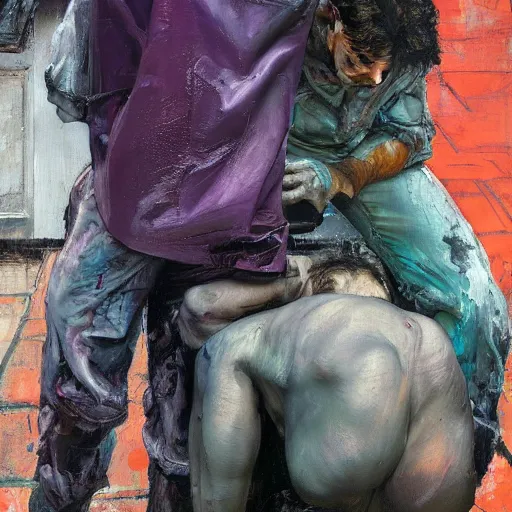 Image similar to high quality high detail painting of two men in agony in the city streets of london by lucian freud and jenny saville and francis bacon and norman rockwell and malcom liepke and nicola samori, hd, turquoise and purple and orange and pink, dark atmosphere