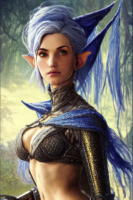 Image similar to alluring highly detailed matte close-up portrait of beautiful elf Shani (from Witcher 3) wearing chesty chainmail bikini and a blue cloak, very detailed, realistic, manga, pen and ink, by Stanley Artgerm Lau, greg rutkowski, thomas kindkade, alphonse mucha, loish, norman rockwell J.