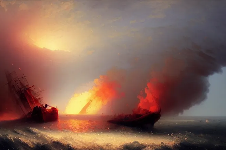 Prompt: Magical Tornado of fire and ice in the sea, destroying boats, islands, painting by Ivan Aivazovsky and Greg Rutkowski, artstation, fantasy, intricate, beautiful, cinematic, octane render, arnold render, 8k, hyper realism, detailed, sharp focus, 4k uhd, masterpiece, award winning