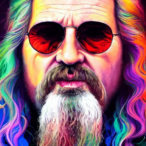 Image similar to a colorful closeup portrait of the dude from the big lebowski. he holds all the wisdom of the world in his eyes. dreamy vibes floating head and dreaming psychedelic hair. halo behind his head. trending on artstation. by peter mohrbacher and moebius and alex ross. intricate detail. hyperrealistic. photorealism. 8 k. flat design