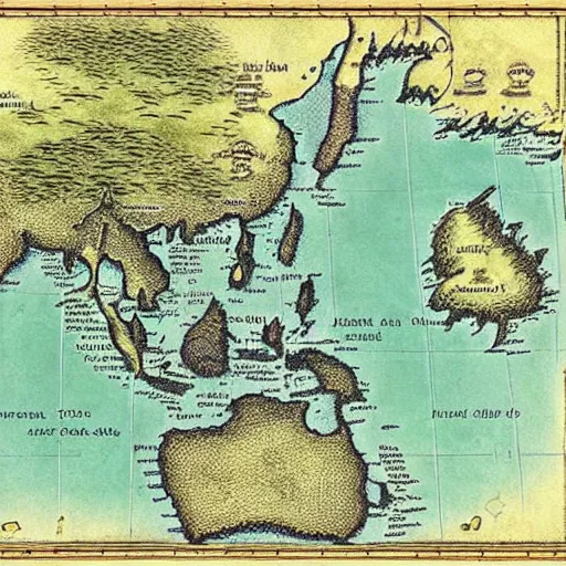 Image similar to isometric view of southeast asia, high - detail, high accuracy, in style of middle earth map, lord of the ring, fantasy,