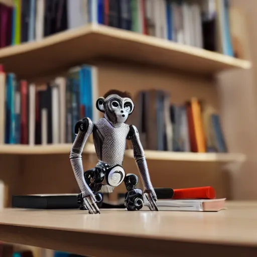 Image similar to small robotic monkey on bookshelf, product photo, detailed, 4k