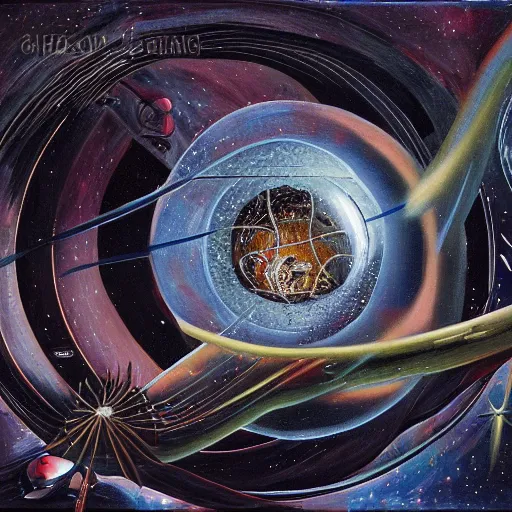 Prompt: atompunk basketball sailing across the infinite cosmos, grand scale, galaxy beyond, blackhole sun, explosive energy, painting by h. r. giger, sharp focus, 4 k, unimaginable composition