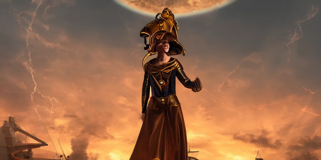 Prompt: medieval woman ship pilot from behind standing on a single ship at sea, dramatic golden neon sunset with tornado wall, wearing shiny breastplate, dynamic lighting, surreal, HD 4k, artstation